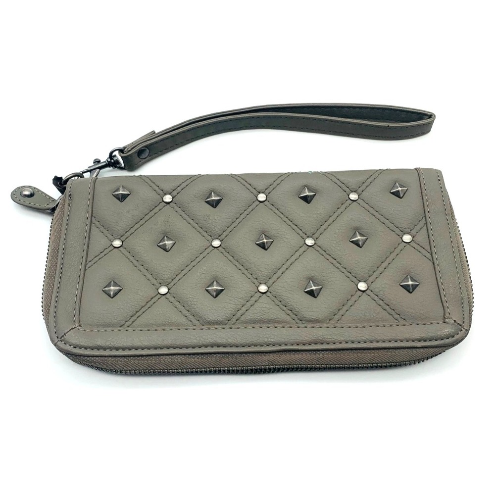Black Boppy Studded Wristlet Wallet Gray Zip Around Organizer Clutch
